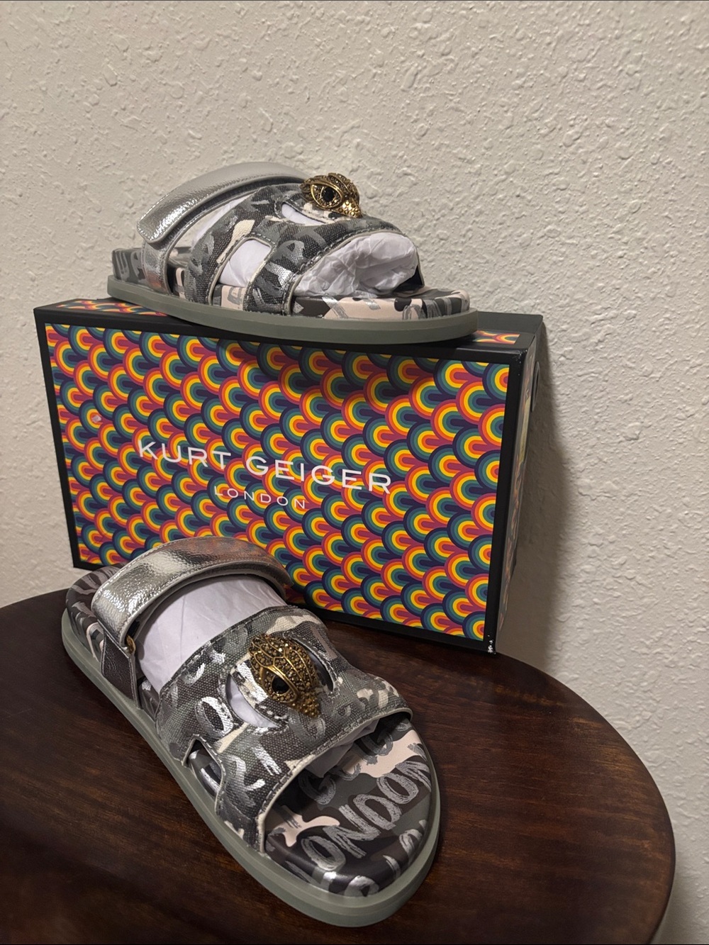 Grey Camouflage Slide Sandals with Gold Emblem